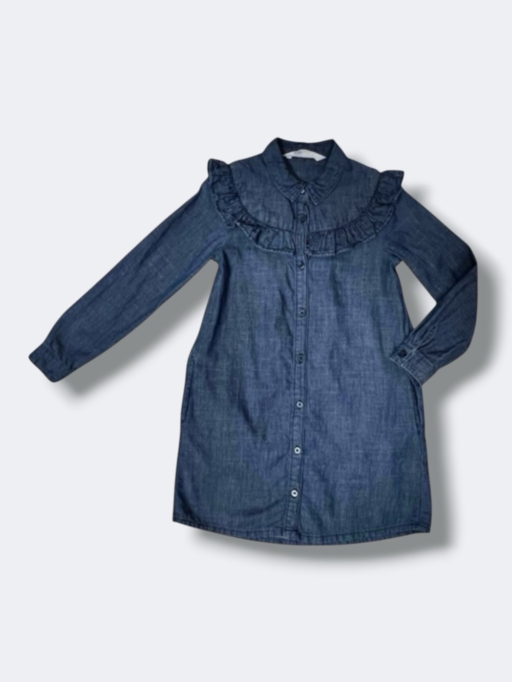 H&M Girls Shirt Dress 5-6Y Blue Denim Ruffle Collar Long Sleeve Cotton